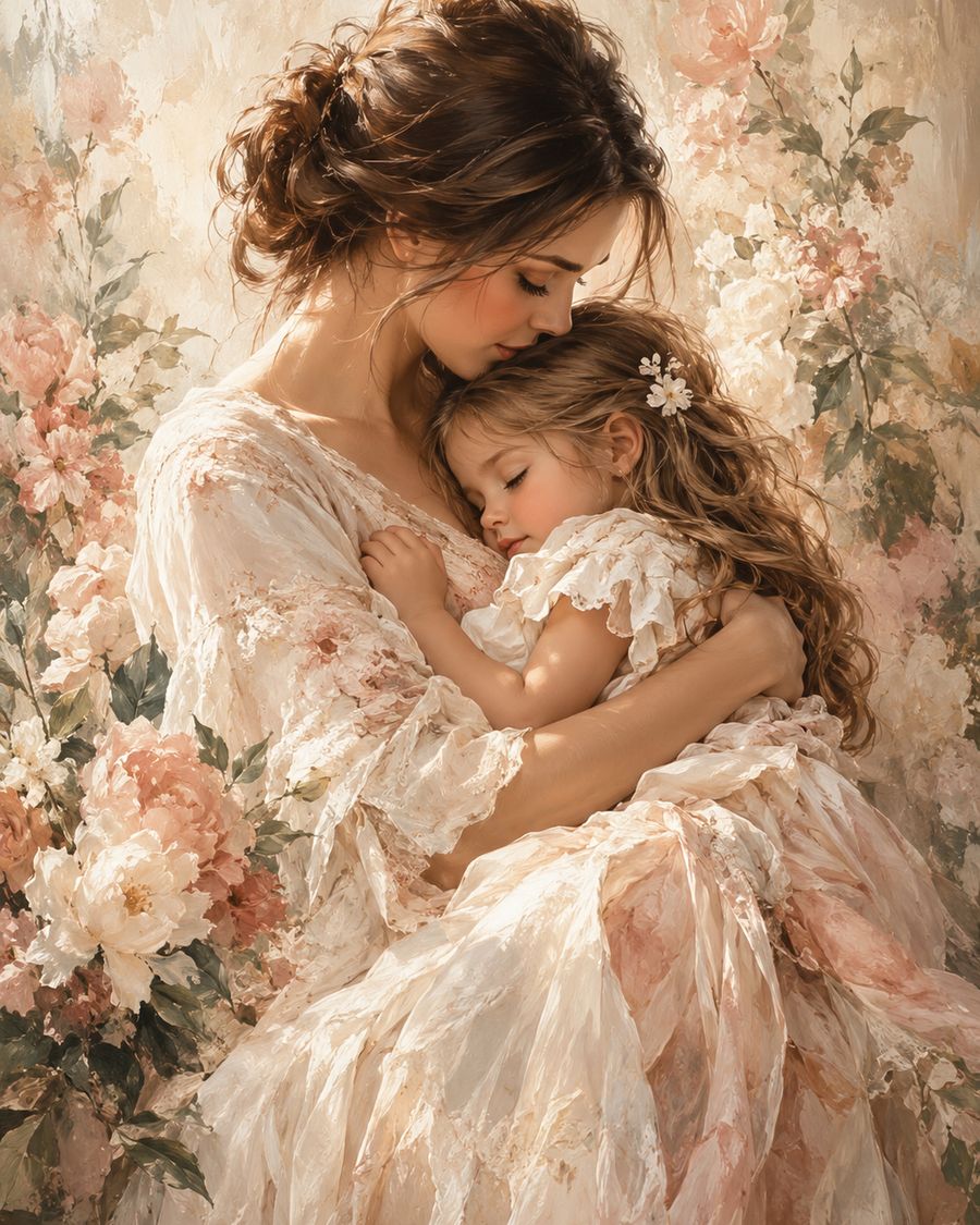 Mother cradling baby among florals art print