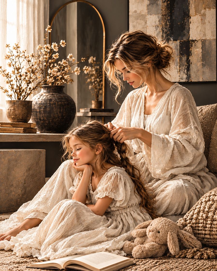 Mother braiding daughter's hair art print