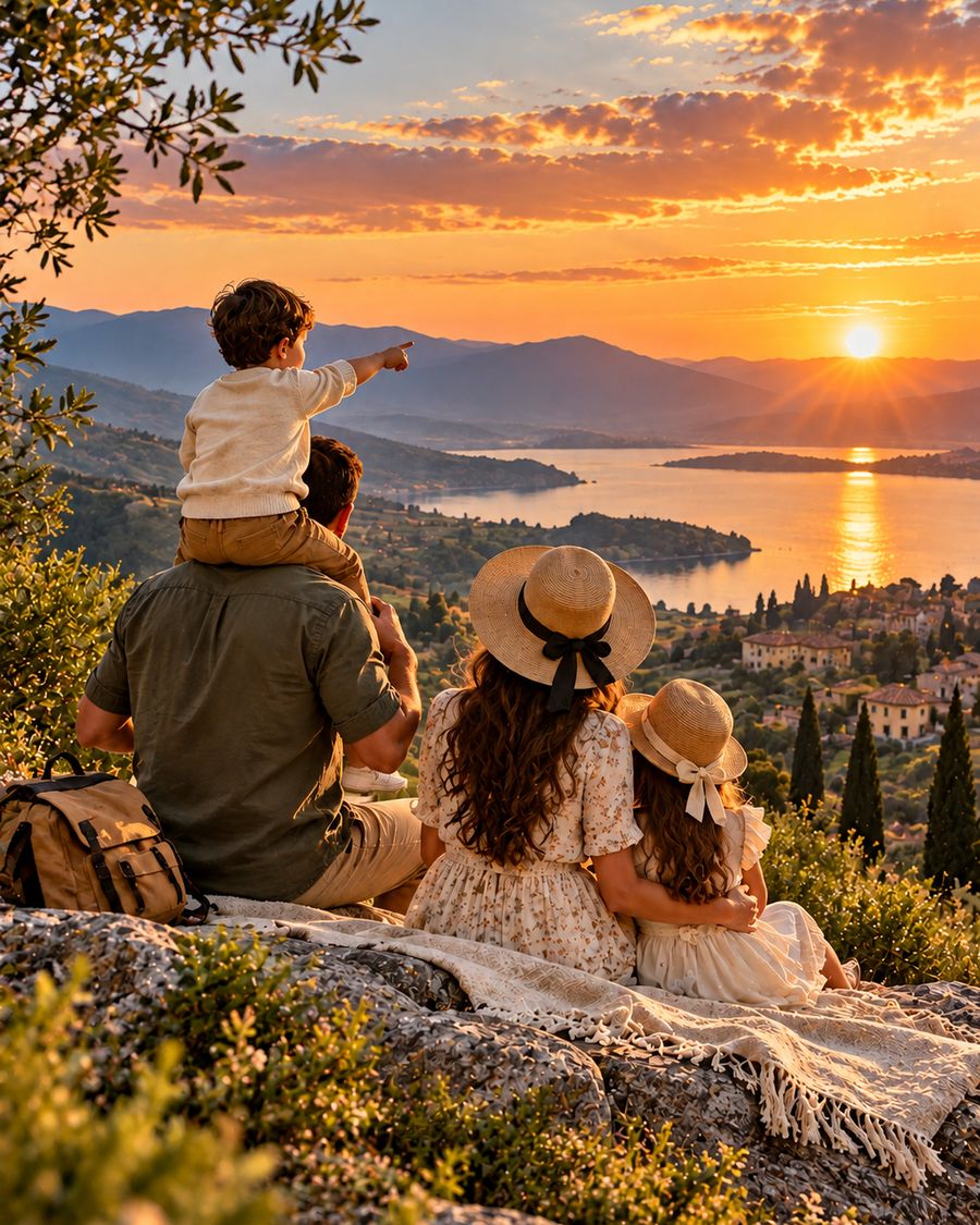 Family watching sunset over a valley art print