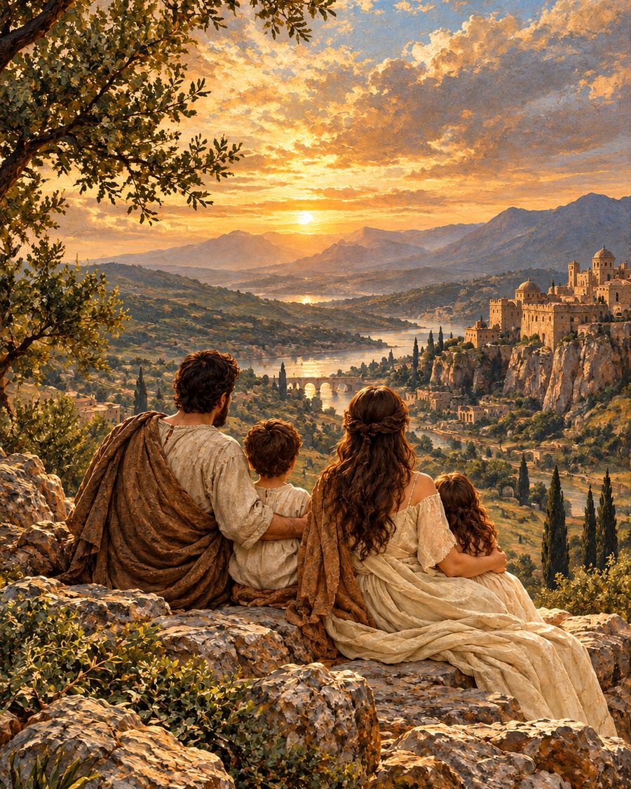 Family overlooking an ancient valley art print
