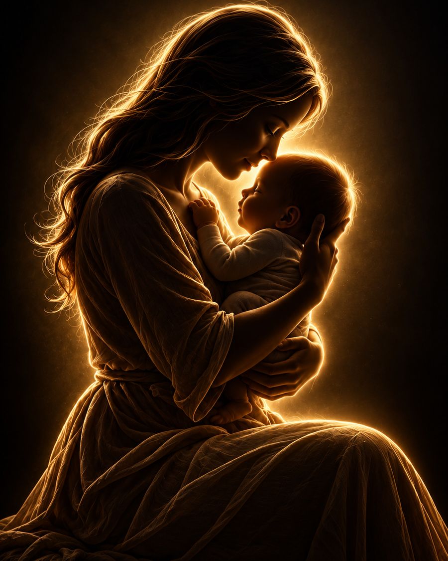 Golden glowing mother and child art print