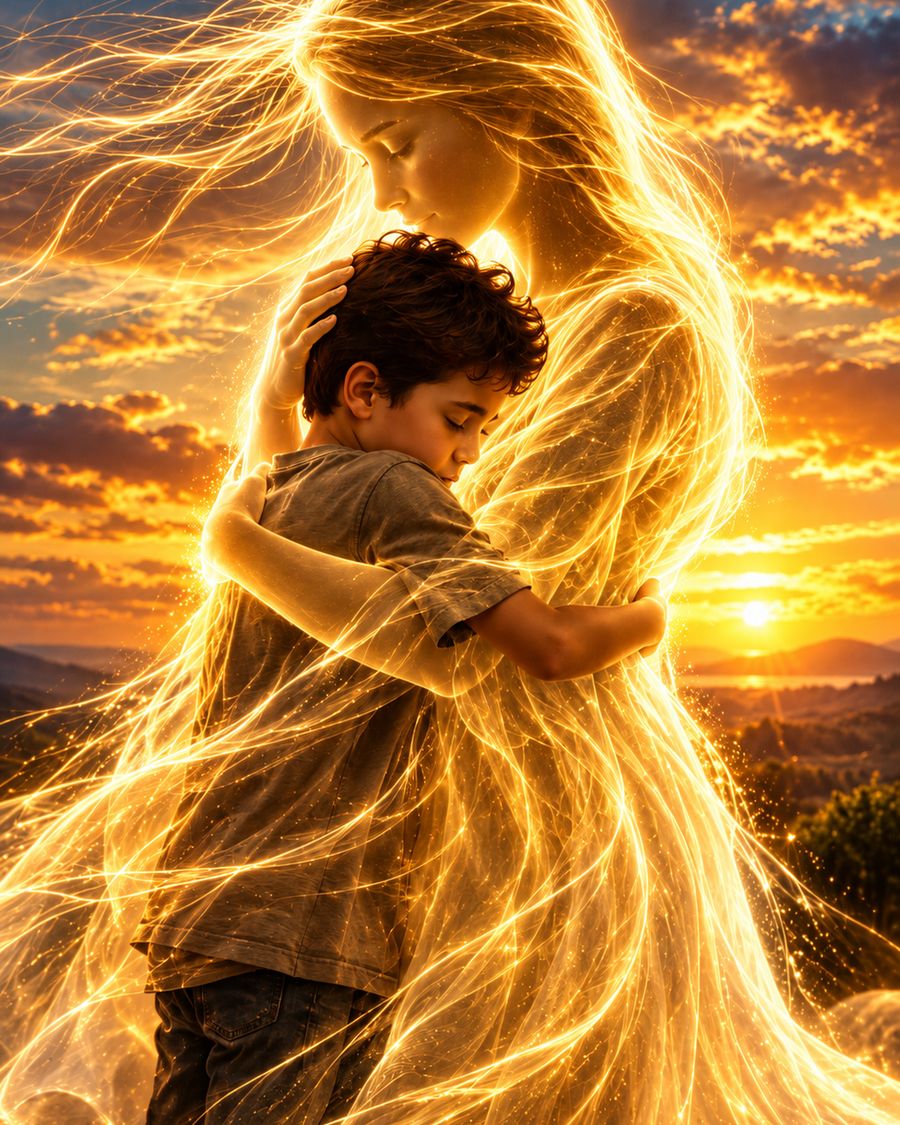 Mother and child wrapped in golden threads of light art print