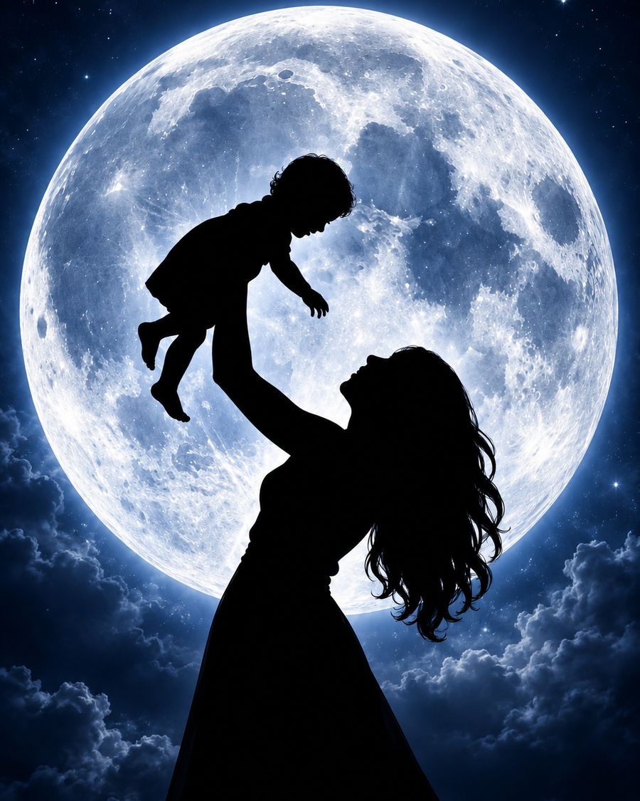 Mother and child beneath the moon silhouette print