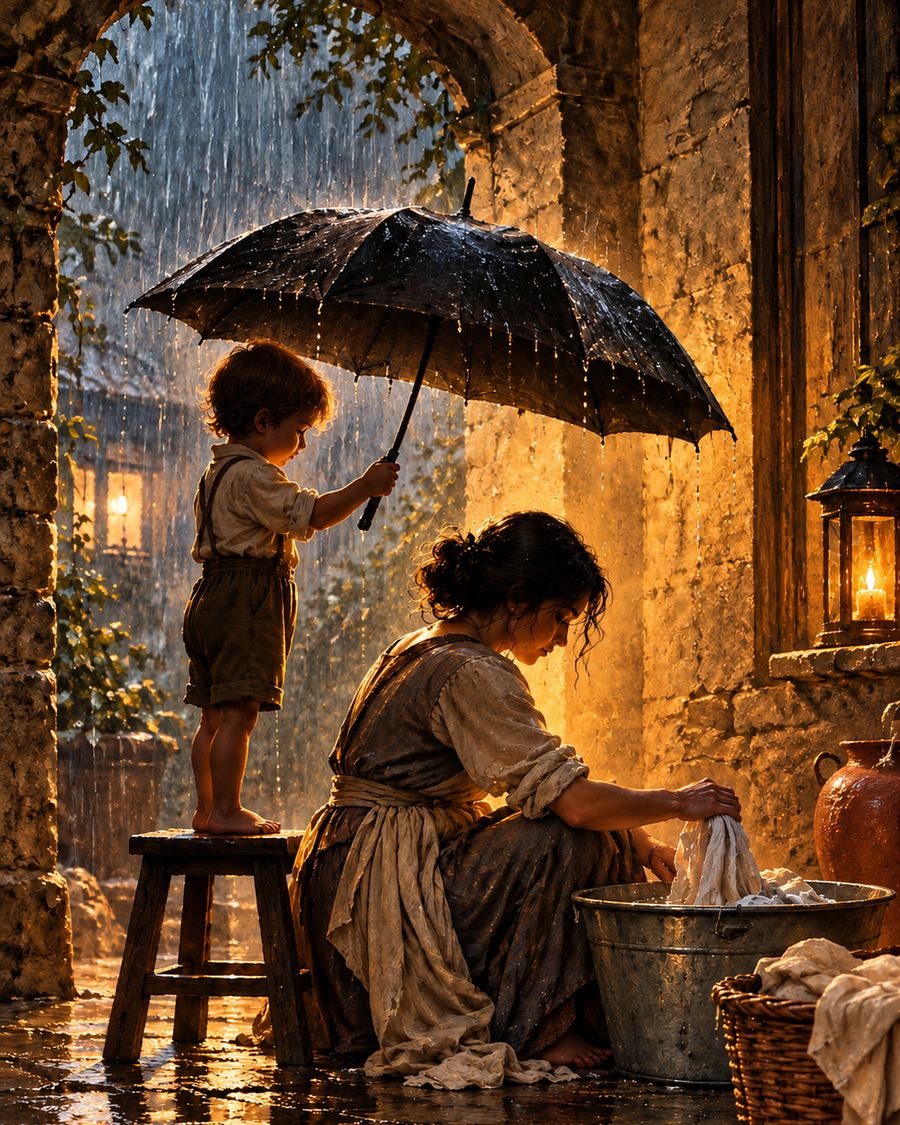 Mother and child in a rainy courtyard art print