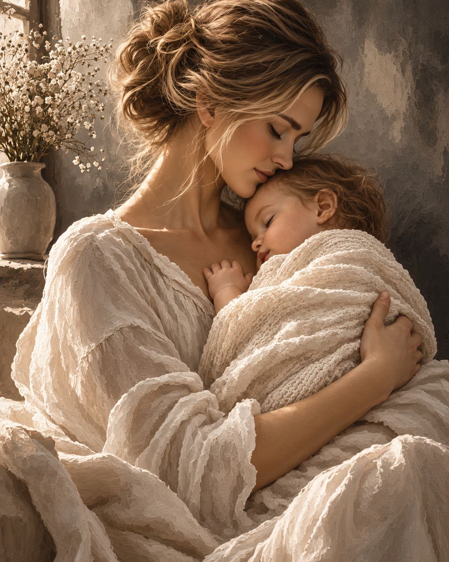 Mother and child embrace in warm light print