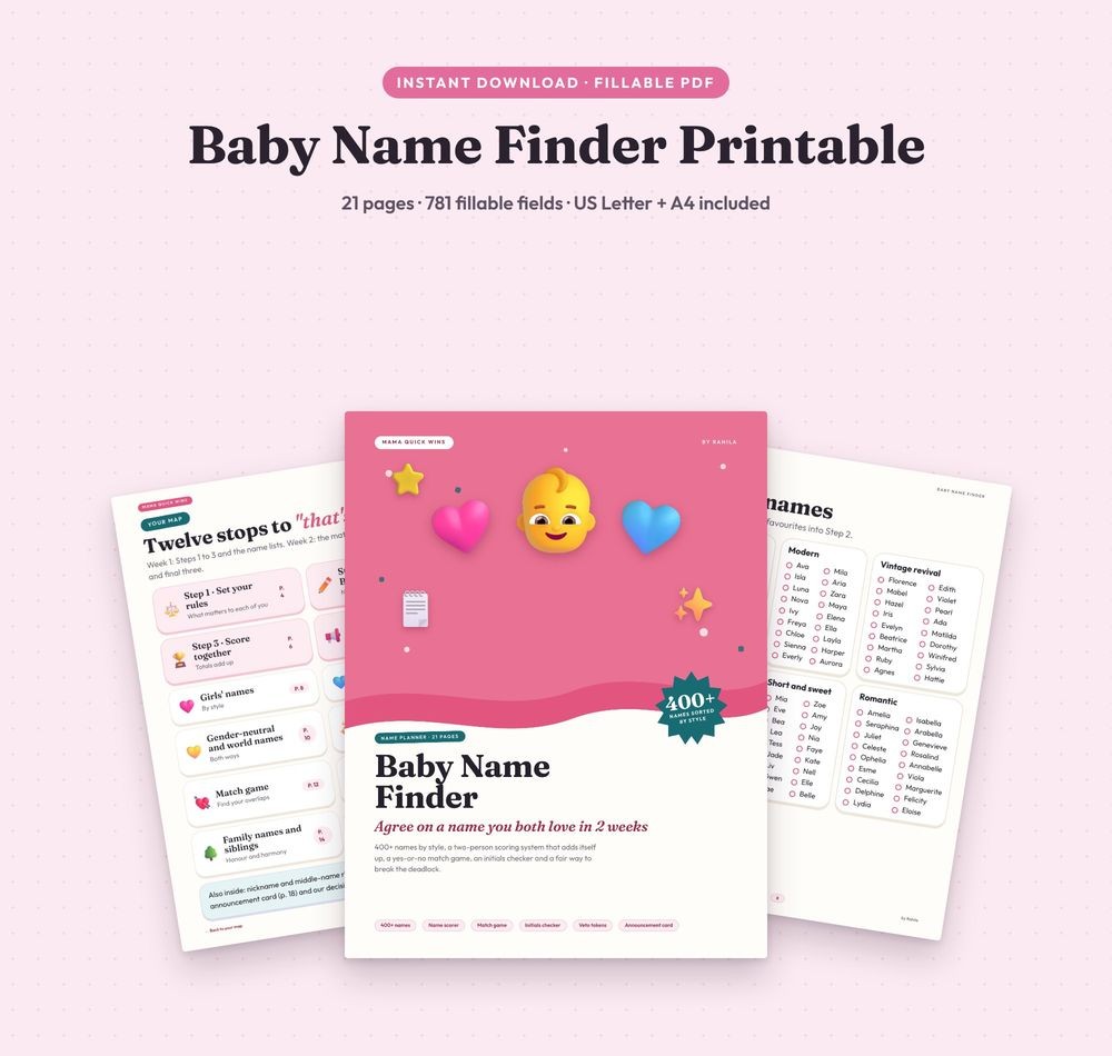 Baby name finder printable — client product design