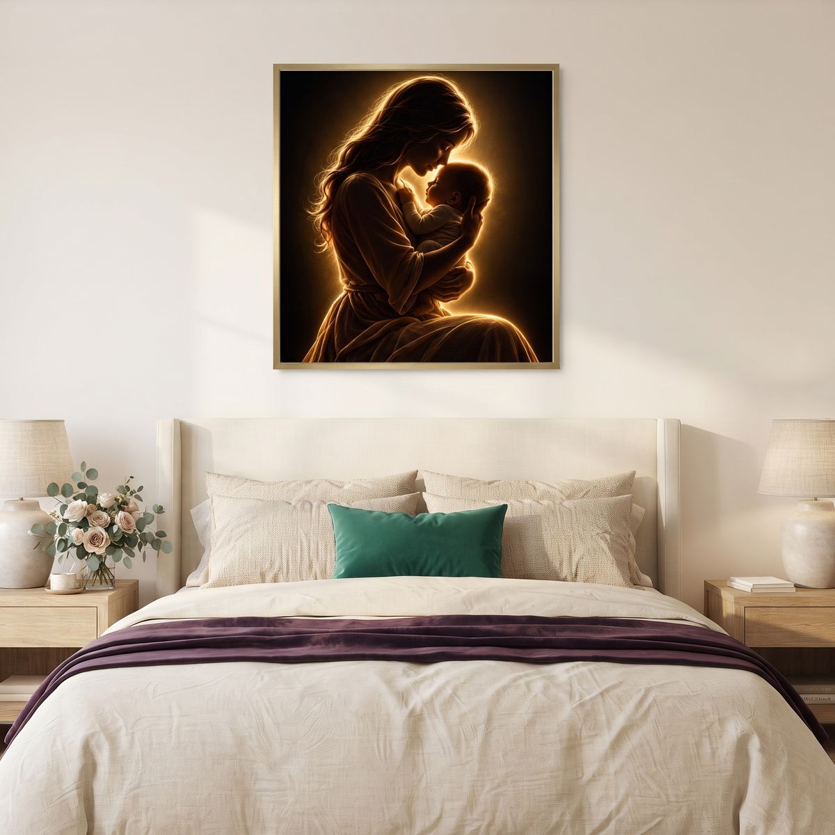 Golden mother and child print styled in a bedroom