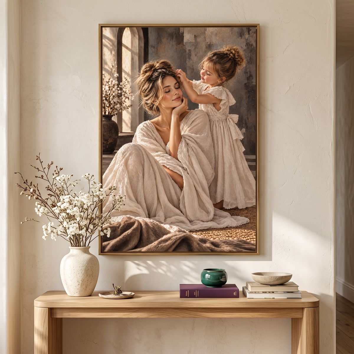 Framed mother-and-daughter art print above a console table