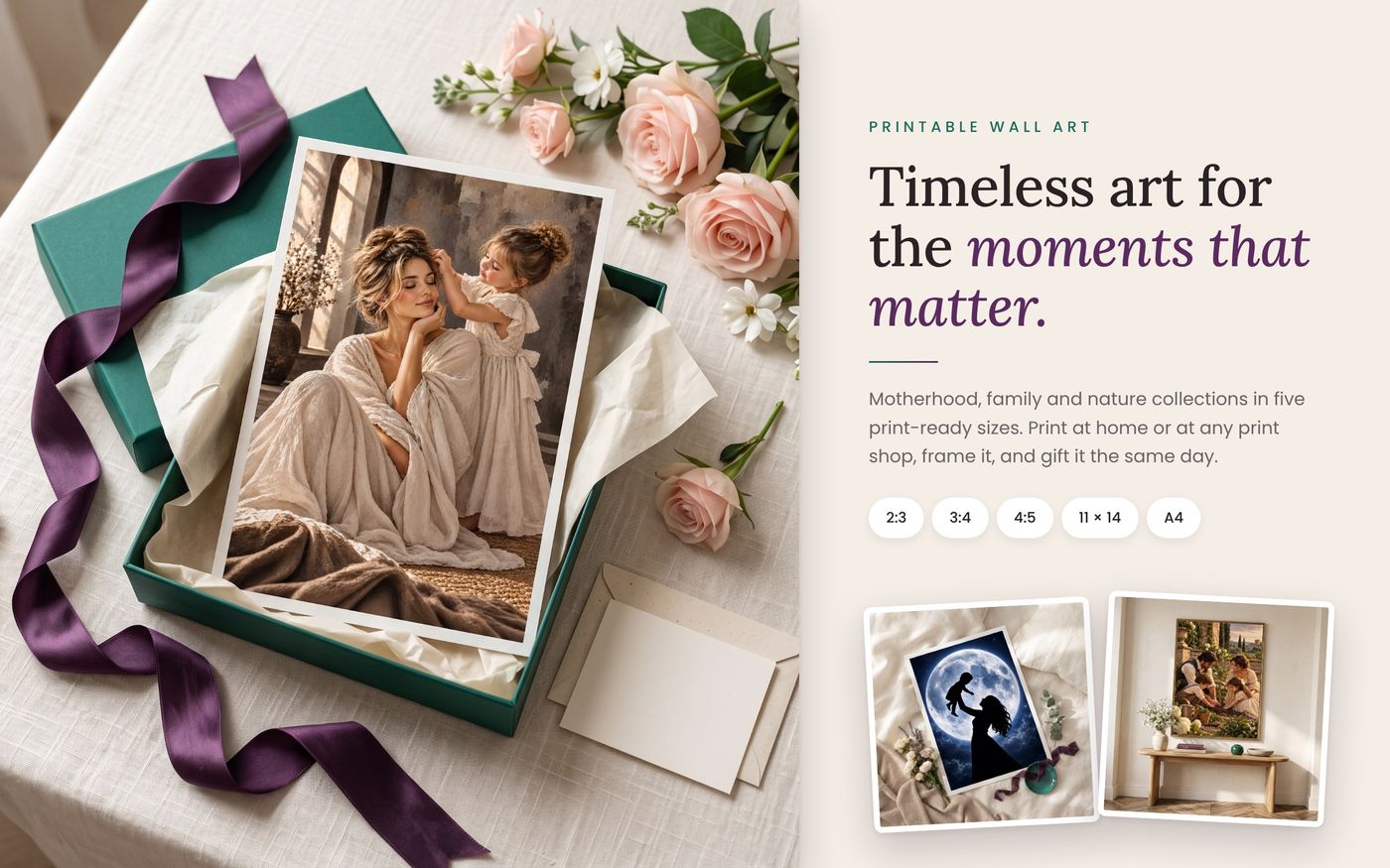 EverNest printable wall art presented in a gift box with roses